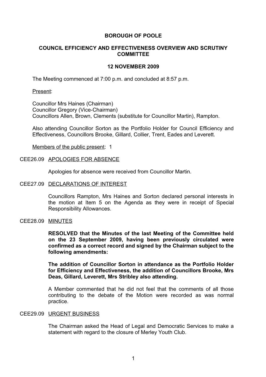 Minutes - Council Efficiency and Effectiveness Overview and Scrutiny Committee - 12 November