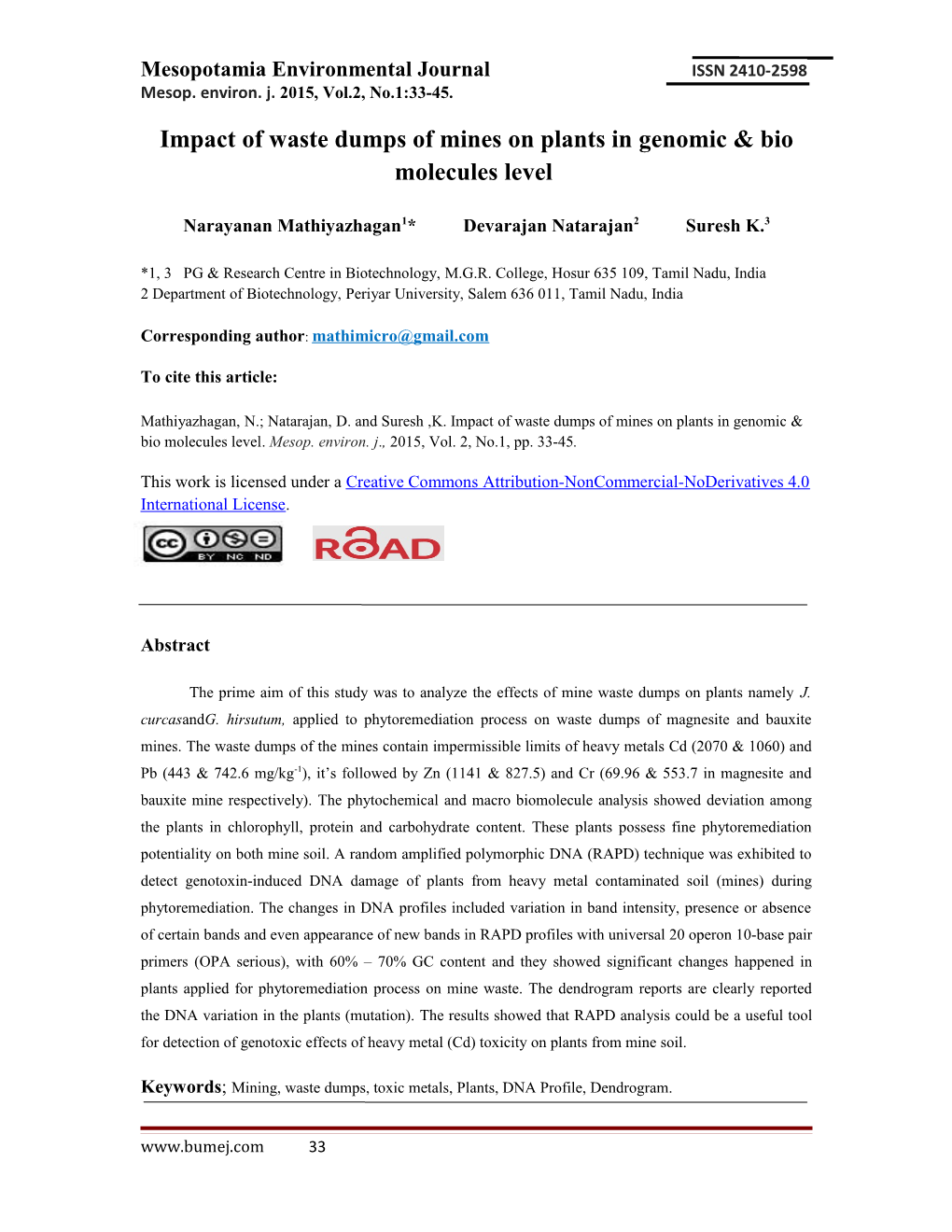 Impact of Waste Dumps of Mines on Plants in Genomic & Bio Molecules Level