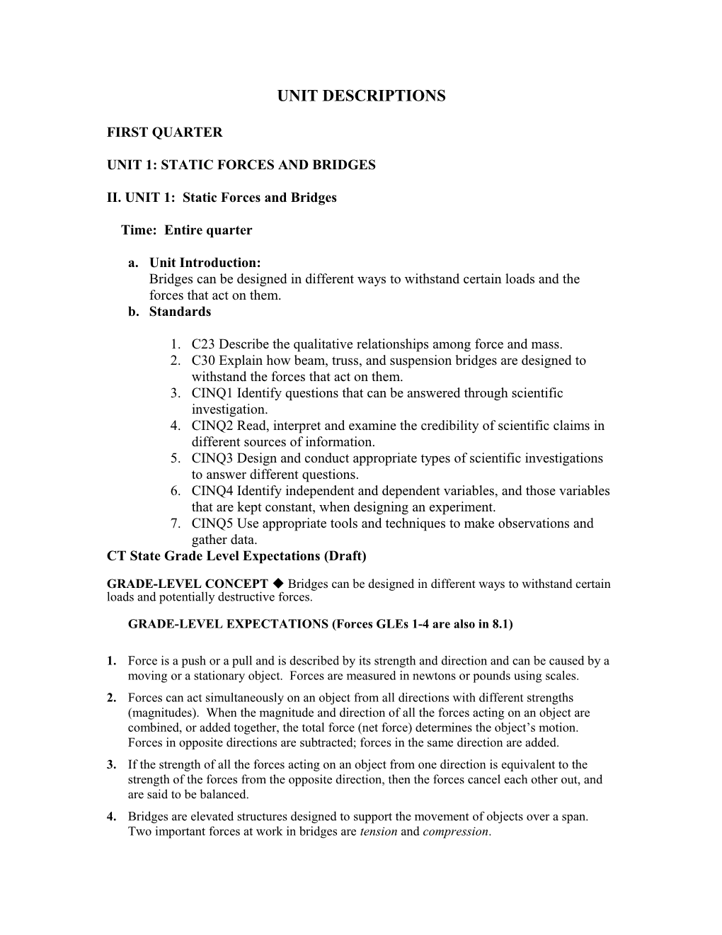 Unit 1: Static Forces and Bridges