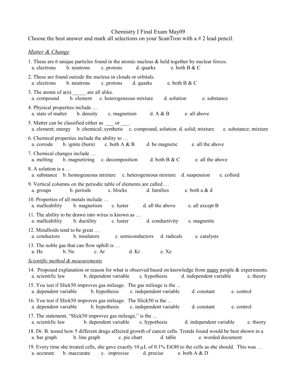 Chemistry I Final Exam May09