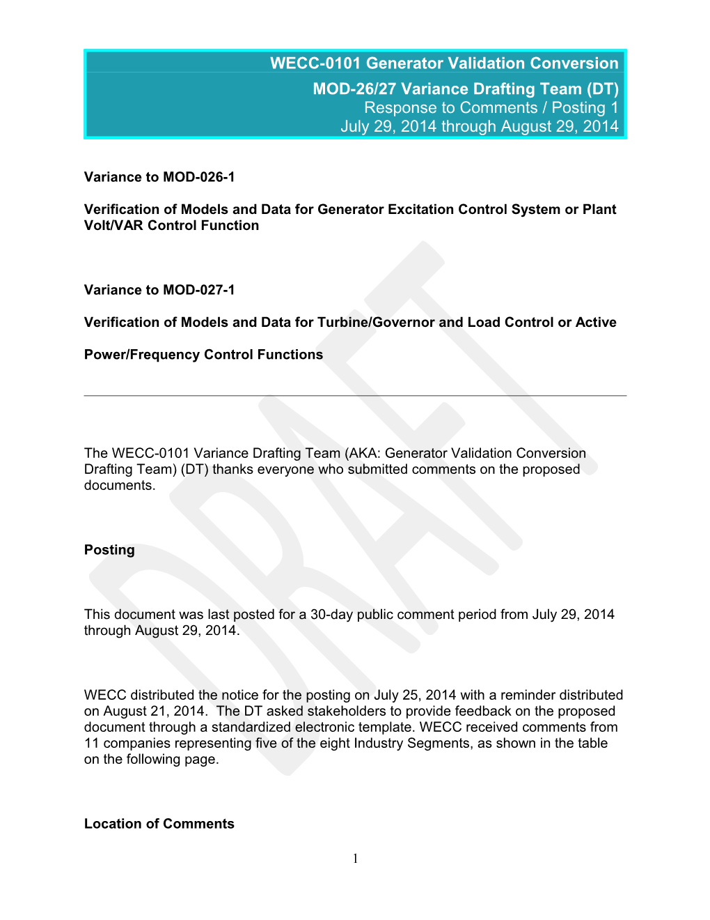 WECC-0101 Generator Validation Conversion Posting 2 Response to Comments - Clean For