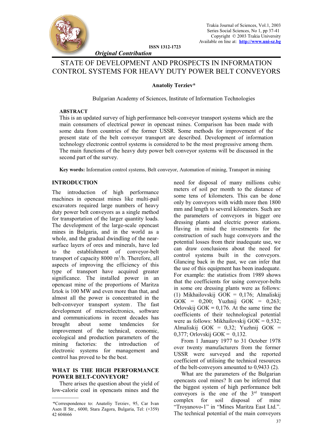 Trakia Journal of Sciences, Vol.1, 2003