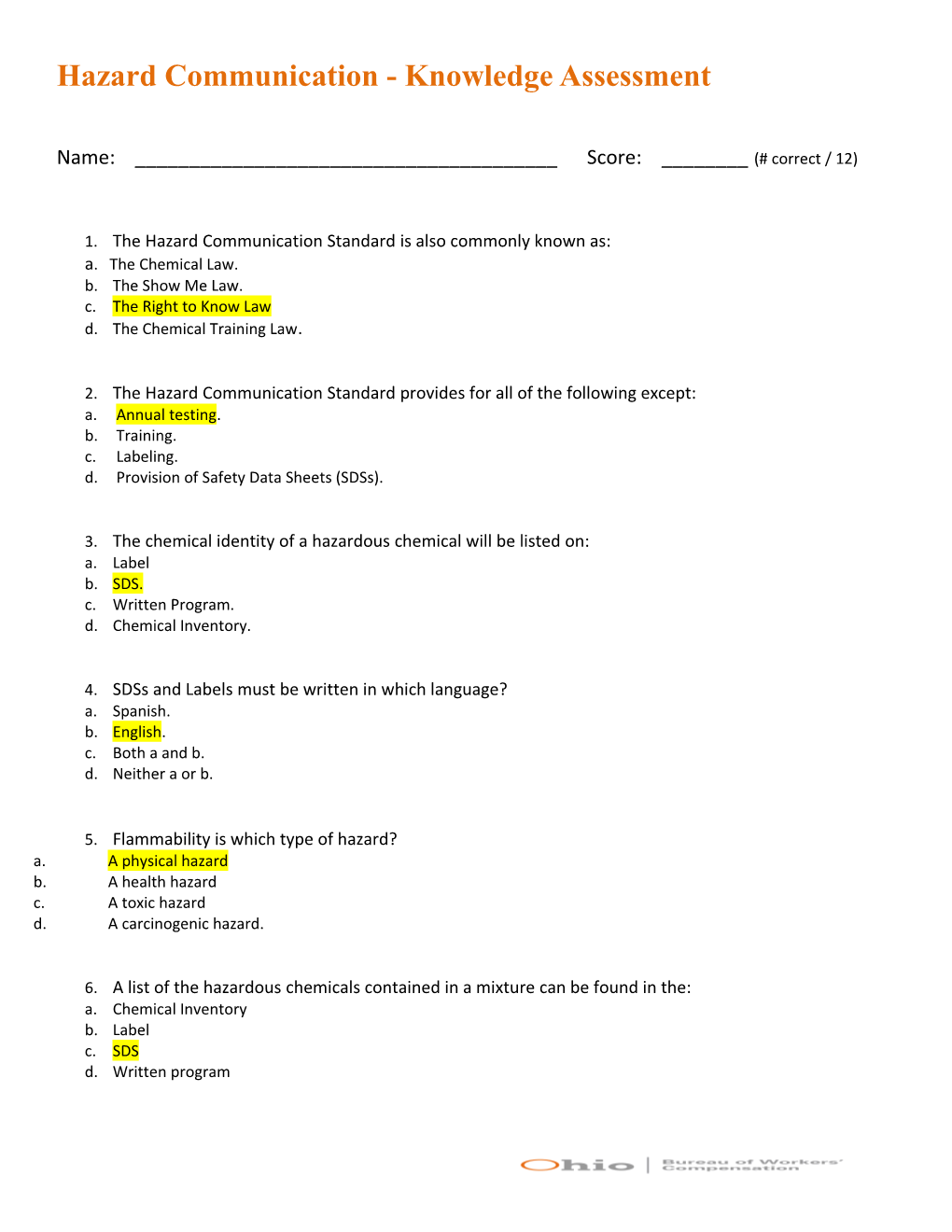 Hazard Communication - Knowledge Assessment