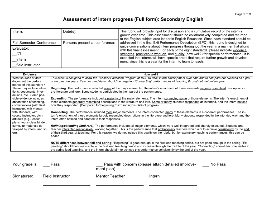 Assessment of Intern Progress (Full Form): Secondary English