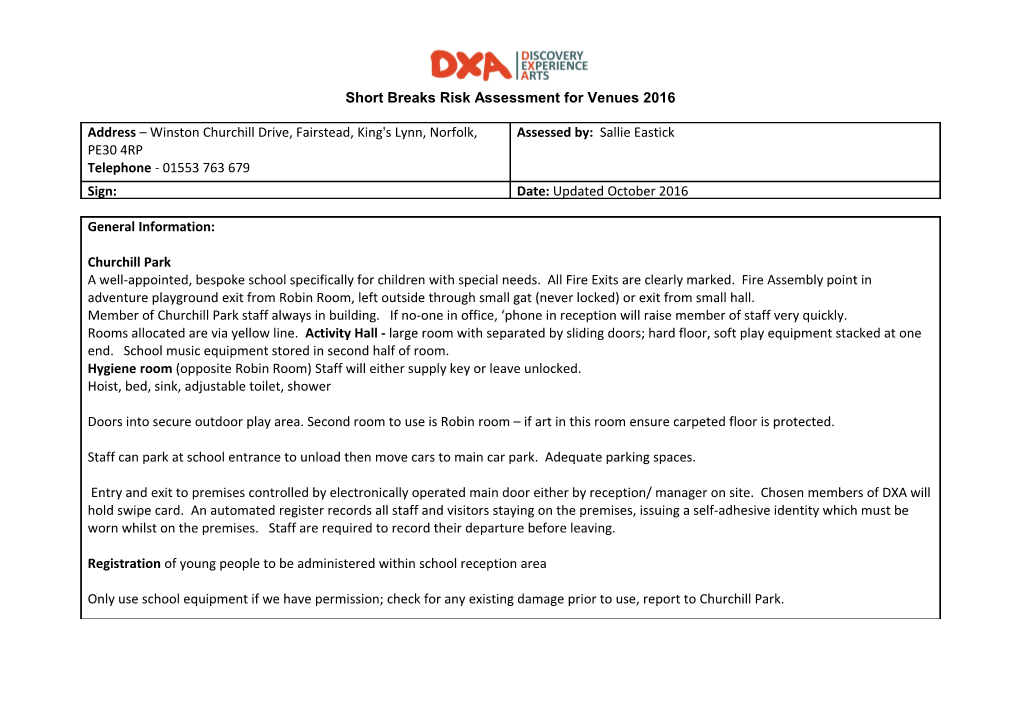Short Breaks Risk Assessment for Venues 2016