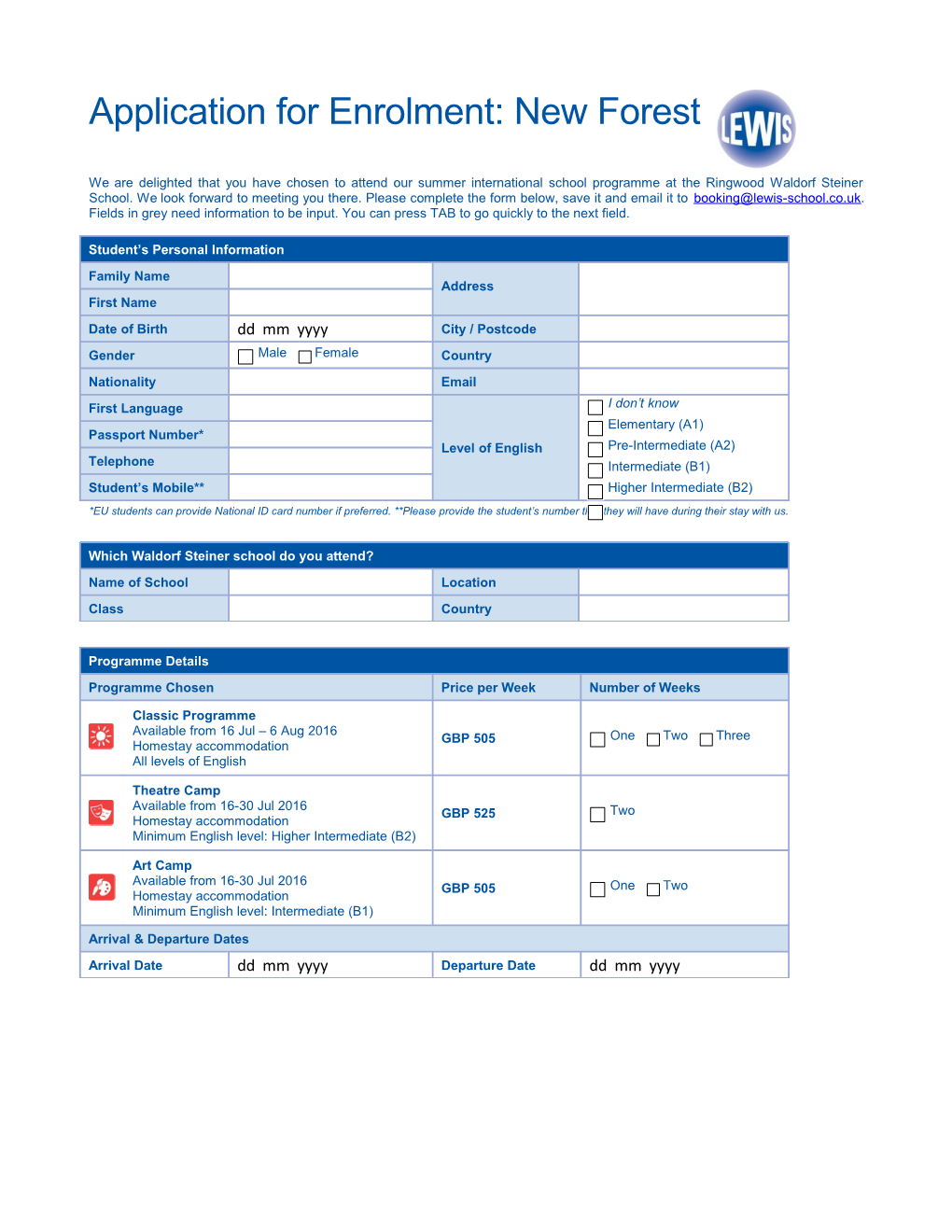 Application for Enrolment Adult School