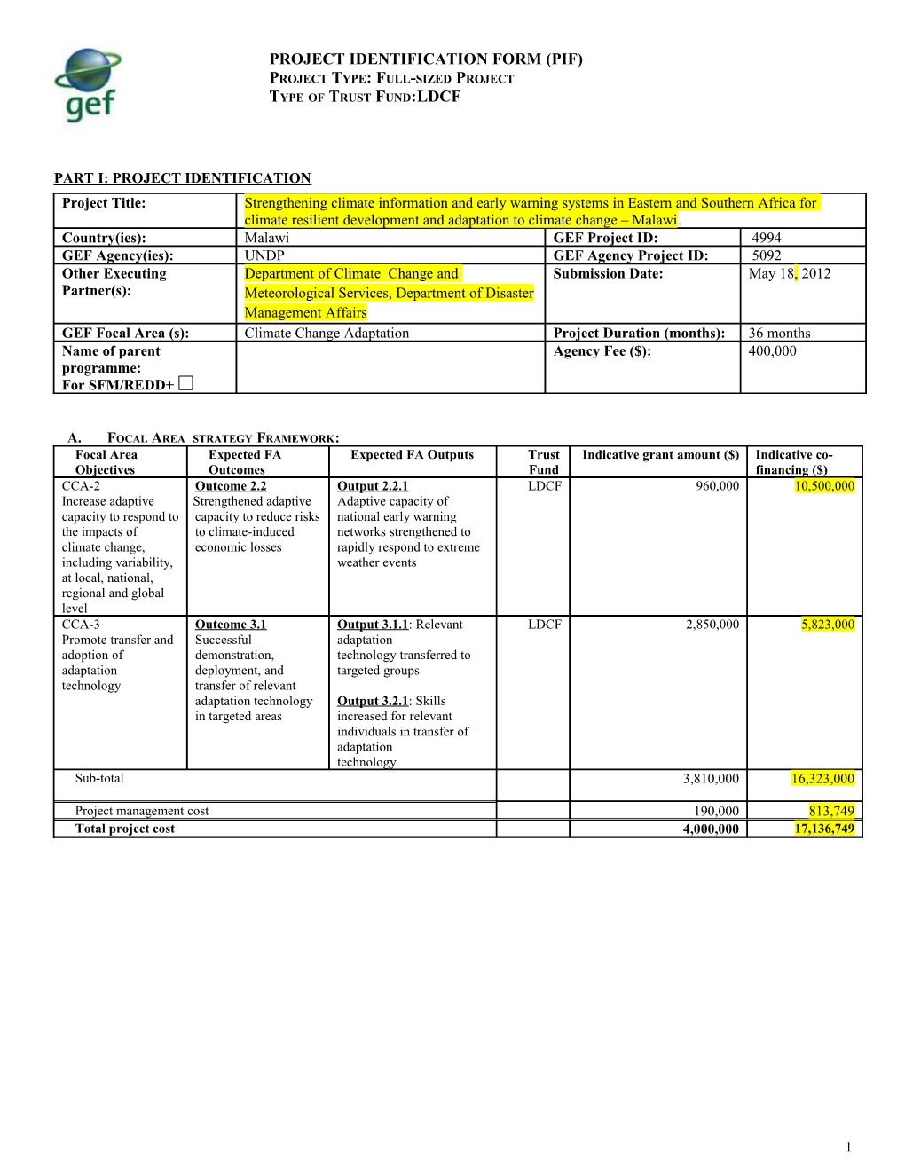 Project Identification Form (Pif)