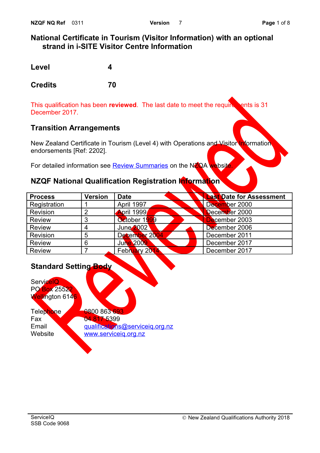 0311 National Certificate in Tourism (Visitor Information) with an Optional Strand in I-SITE