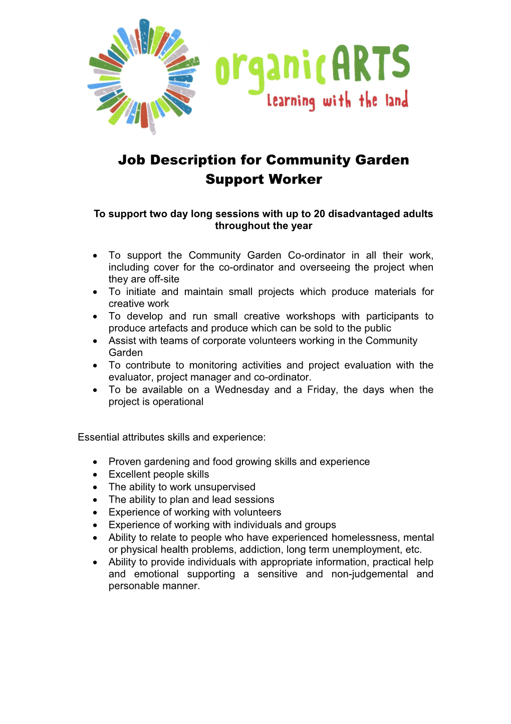 Job Description for Community Garden Support Worker