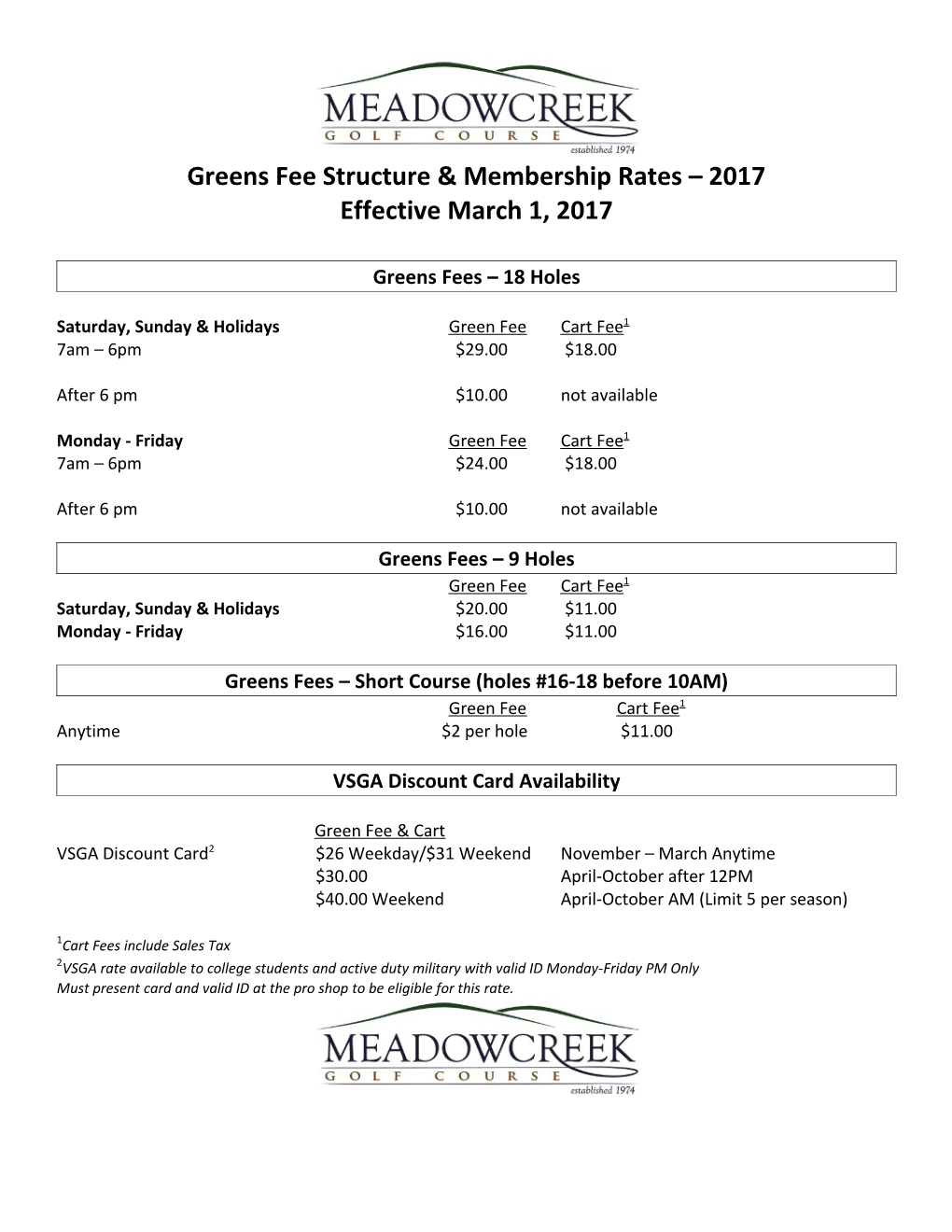 Greens Fee Structure & Membership Rates 2017