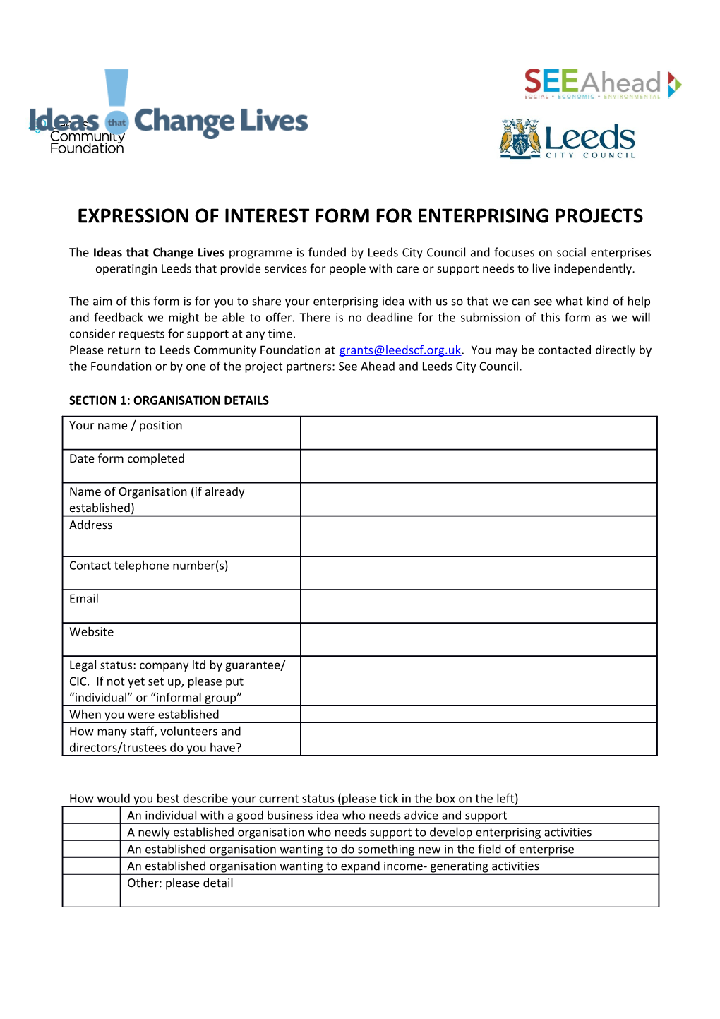 Expression of Interest Form for Enterprising Projects