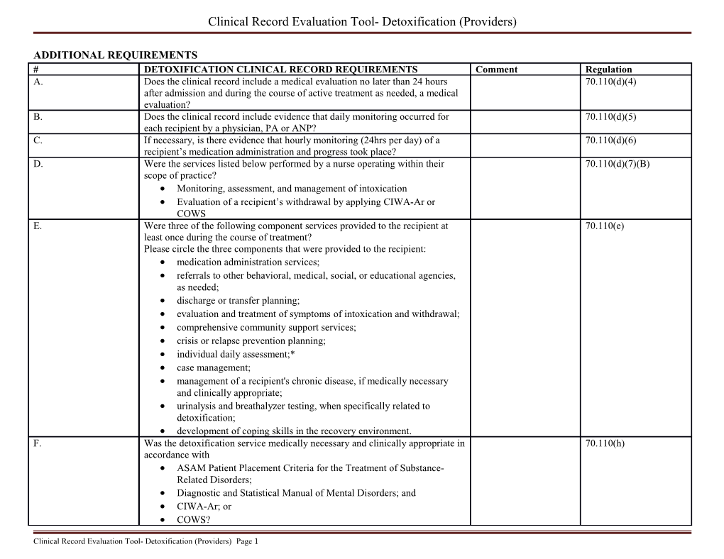 Clinical Record Evaluation Tool- Detoxification (Providers)