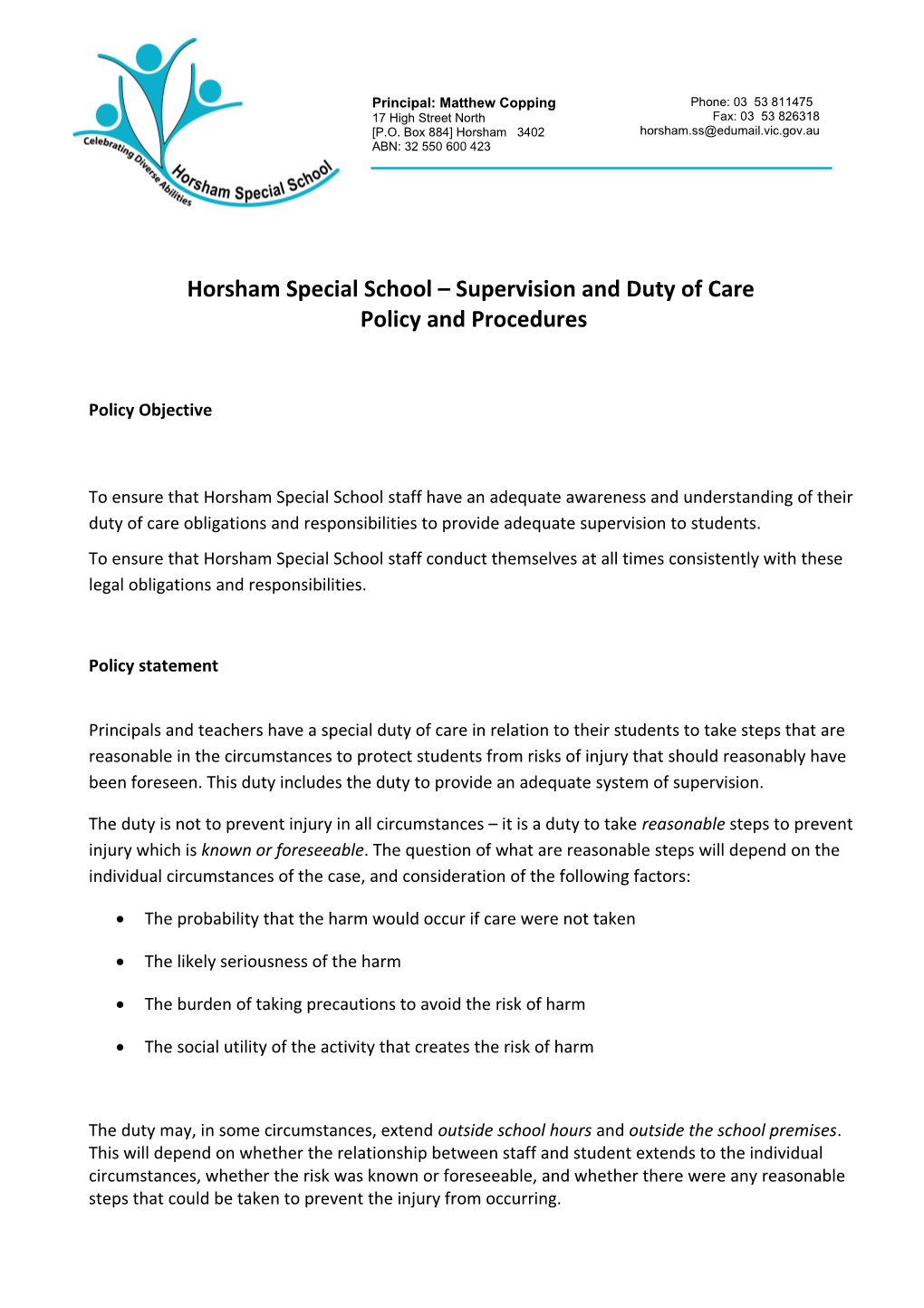 Horsham Special School Supervision and Duty of Care