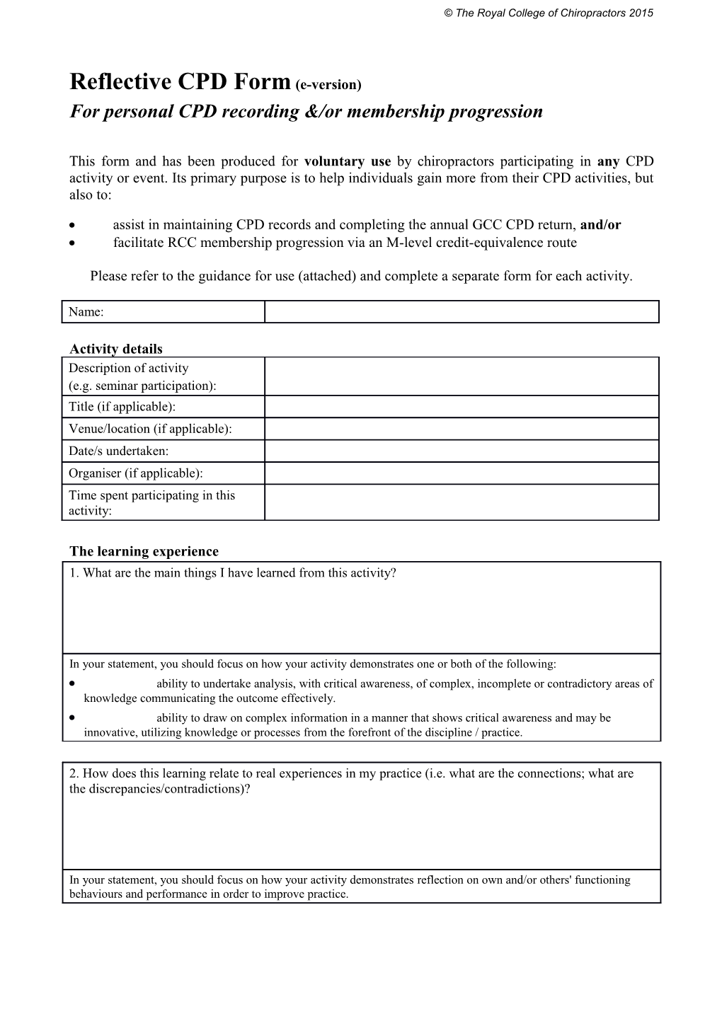 Reflective CPD Form the Royal College of Chiropractors 2015