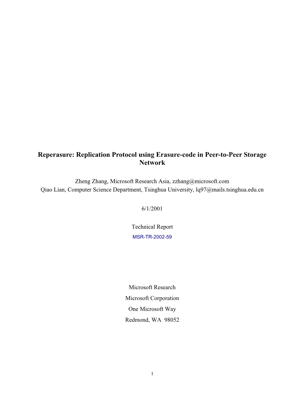 Reperasure: Replication Protocol Using Erasure-Code in Peer-To-Peer Storage Network