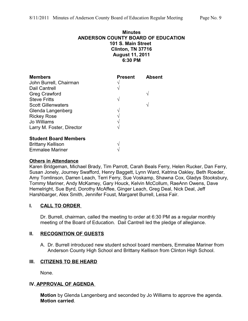 8/11/2011 Minutes of Andersoncounty Board of Education Regular Meeting Page No. 1