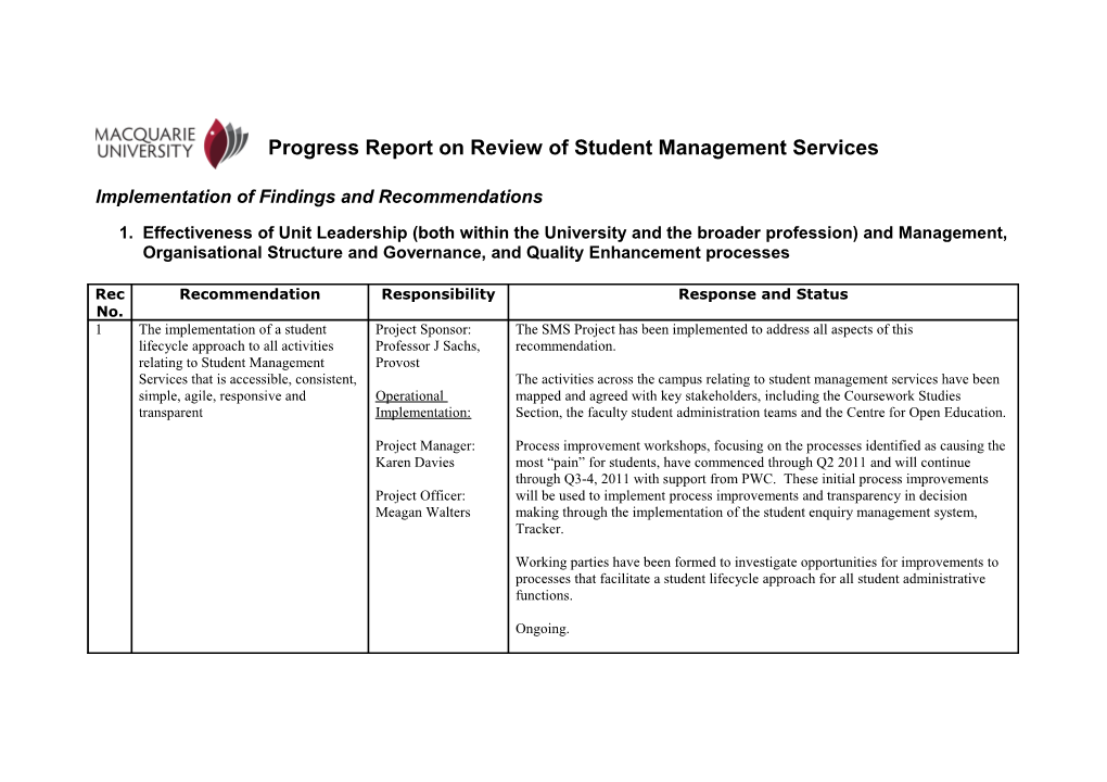 Progress Report on Review of Student Management Services