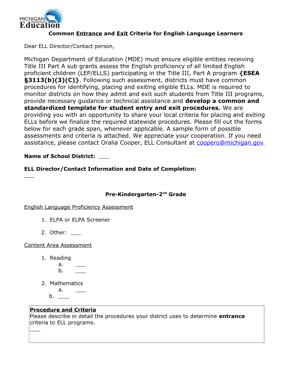 Common Entrance Criteria for ELL-Draft