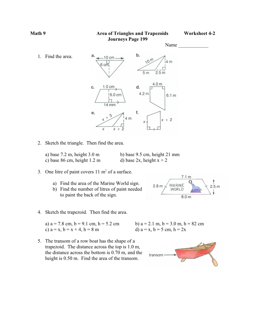 Math 9 Area of Triangles and Trapezoids Worksheet 4-2