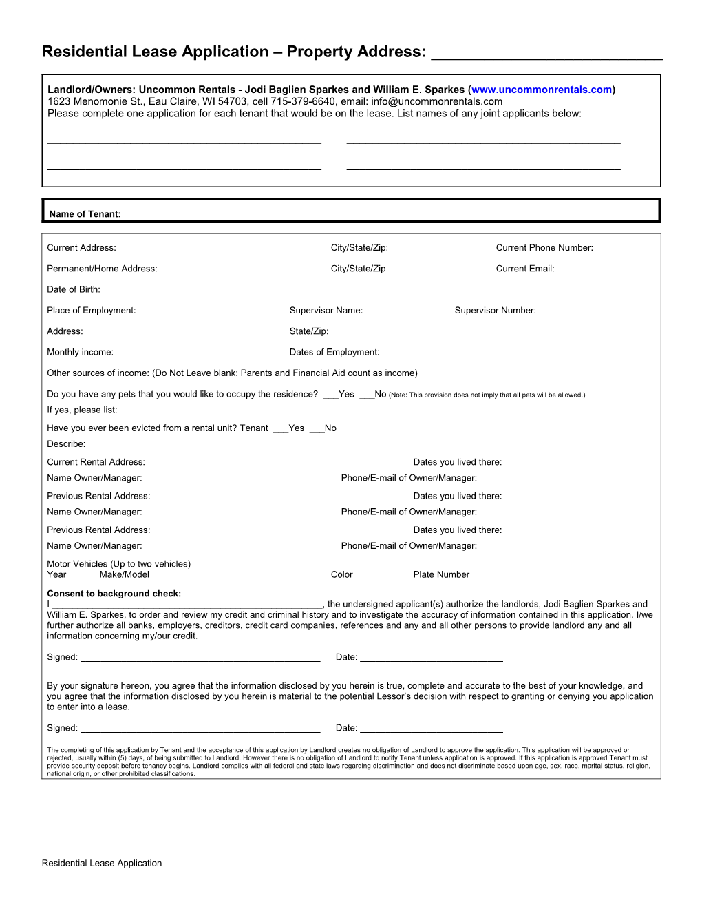 Residential Lease Application 709 Water Street, Eau Claire, WI