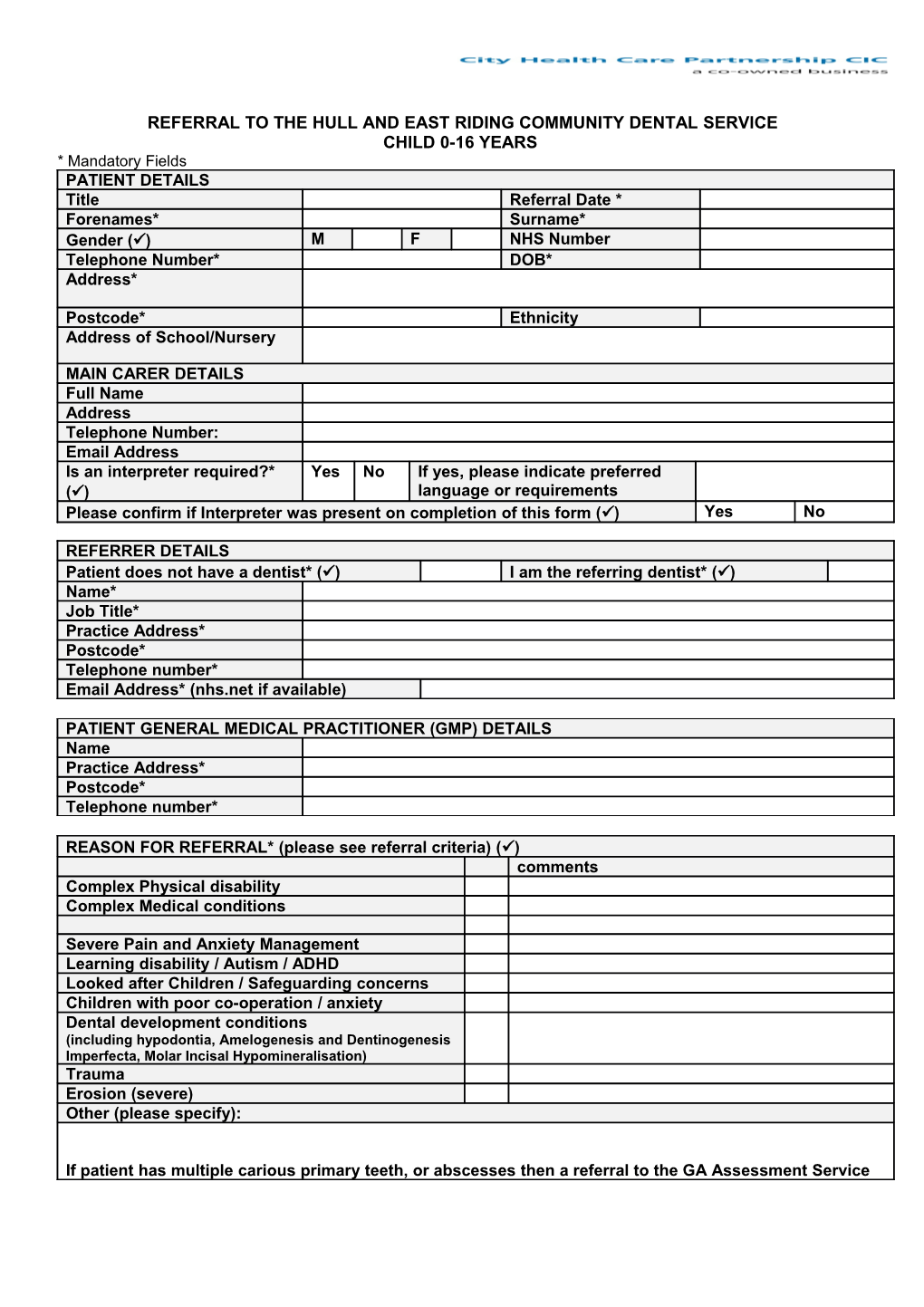 Referral to the Hull and East Riding Community Dental Service