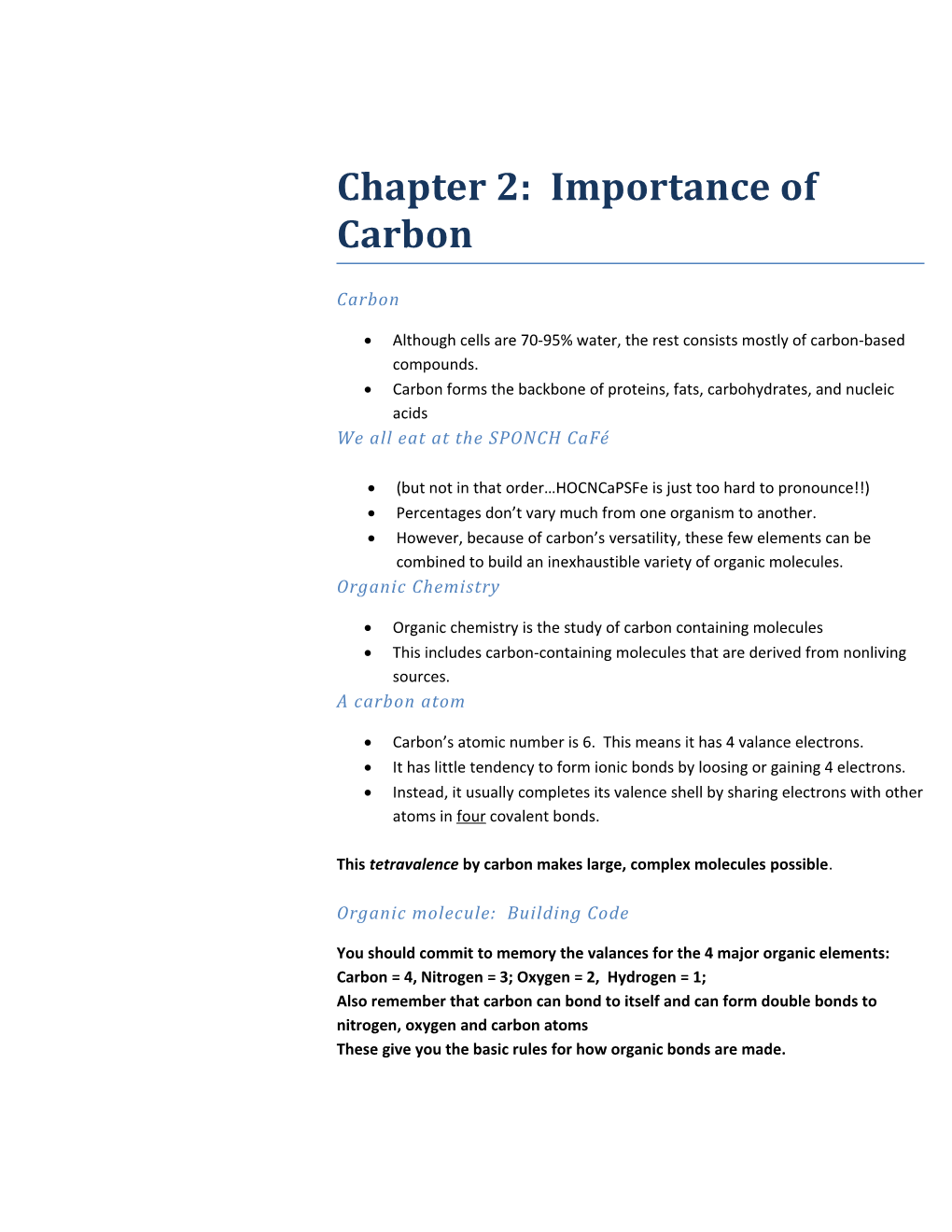 Chapter 2: Importance of Carbon