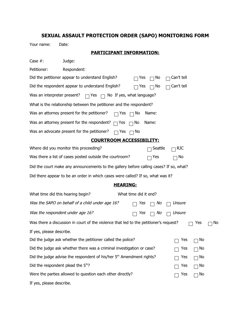 Sexual Assault Protection Order (Sapo) Monitoring Form
