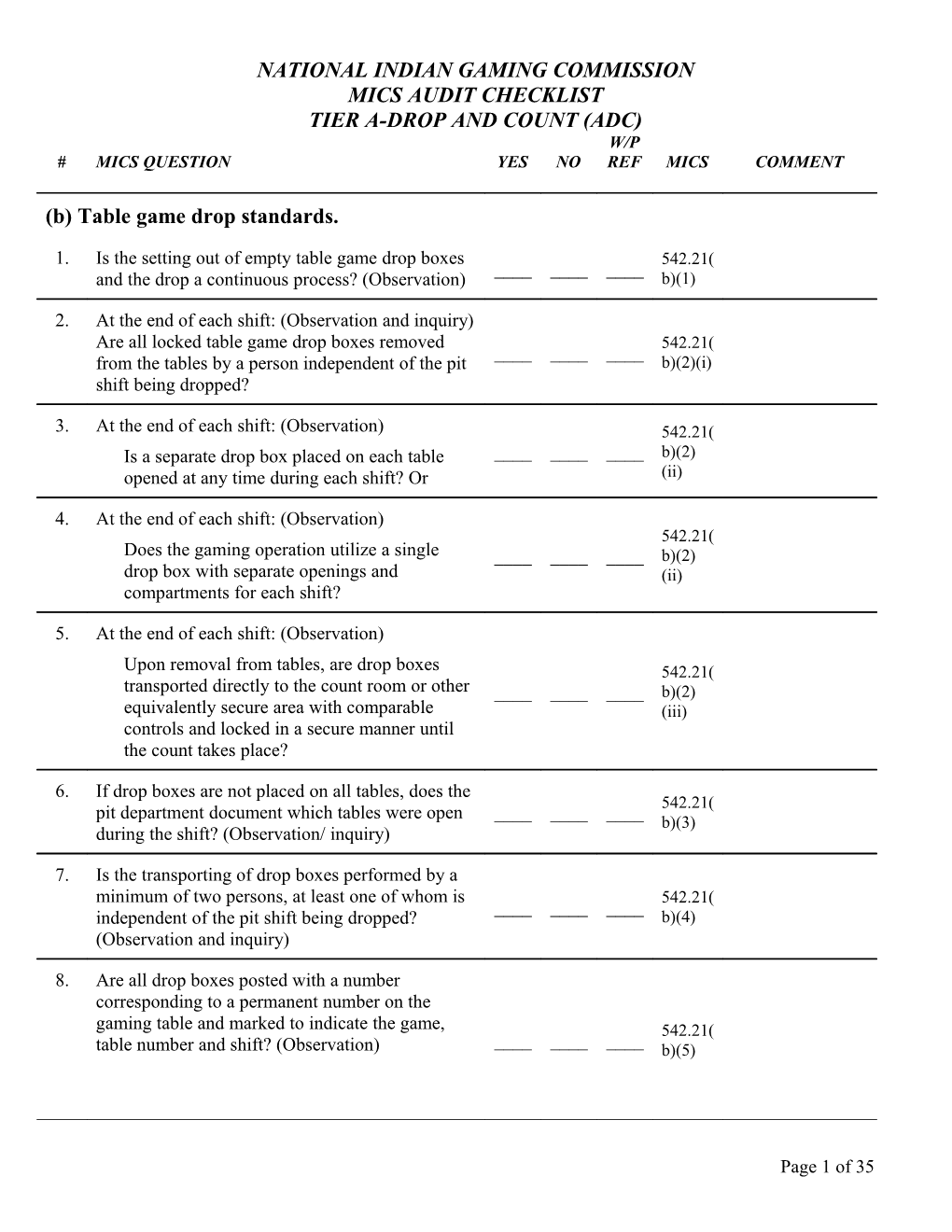 (B) Table Game Drop Standards