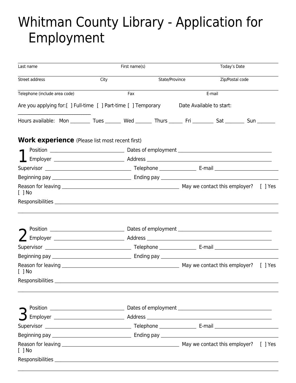 Whitman County Library - Application for Employment