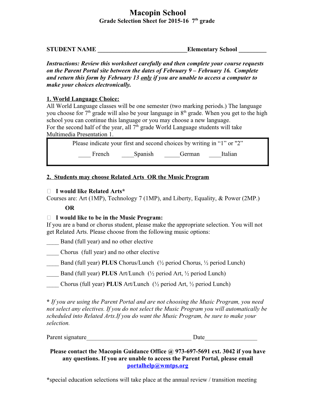 Grade Selection Sheet for 2015-16 7Th Grade
