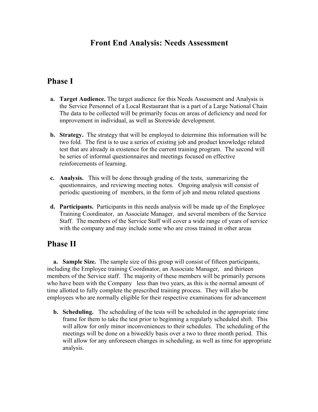 Front End Analysis: Needs Assessment