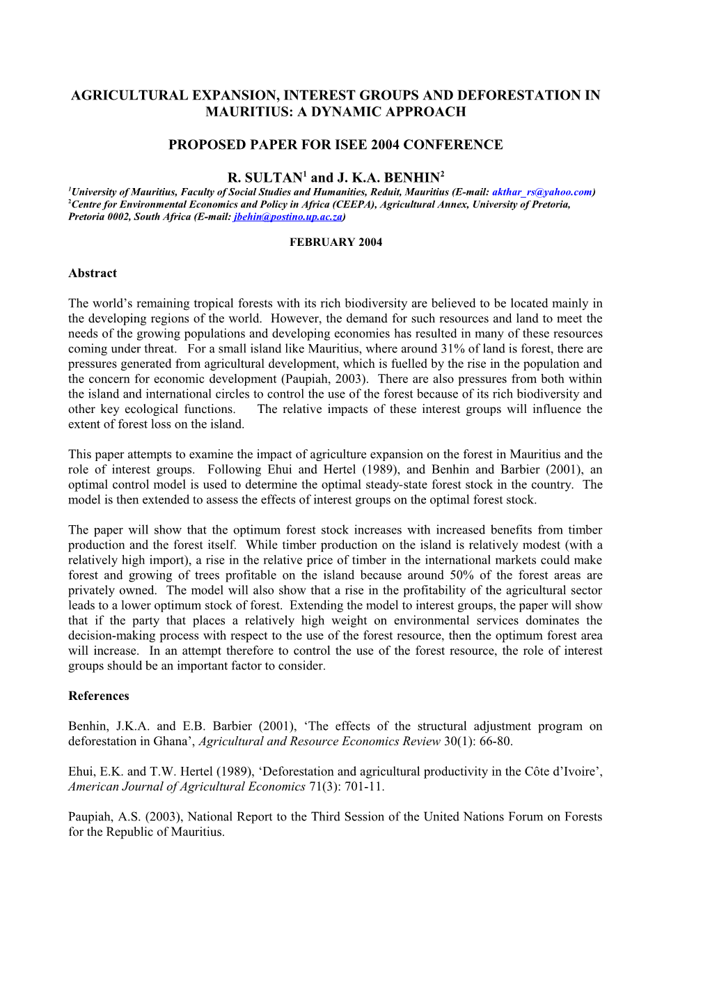 Agricultural Expansion, Interest Groups and Deforestation in Mauritius: a Dynamic Approach