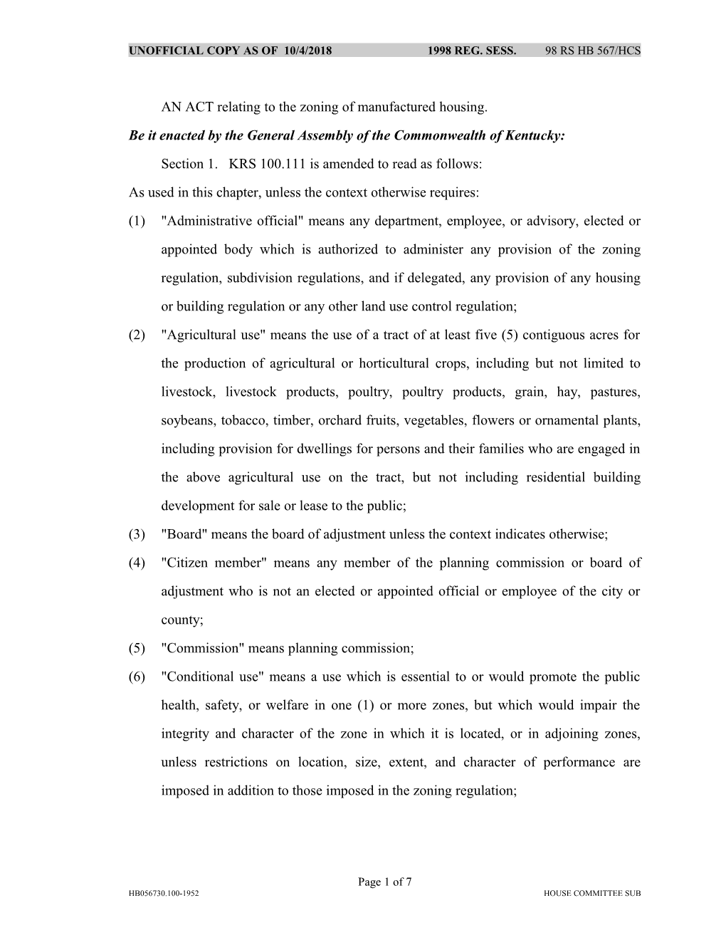 AN ACT Relating to the Zoning of Manufactured Housing