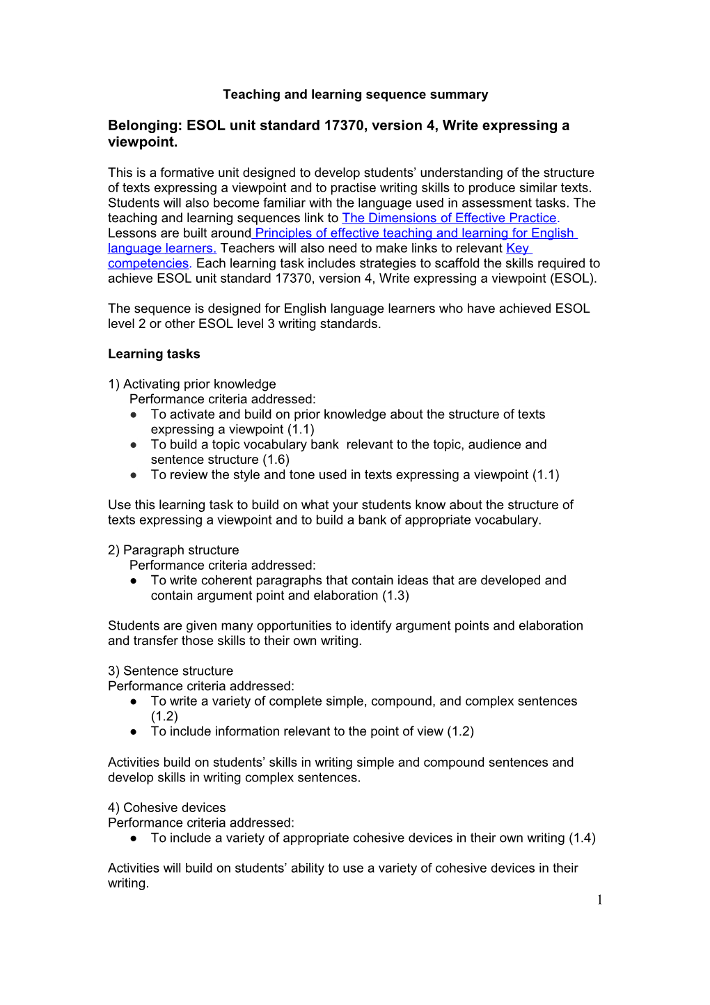 Teaching and Learning Sequence Summary