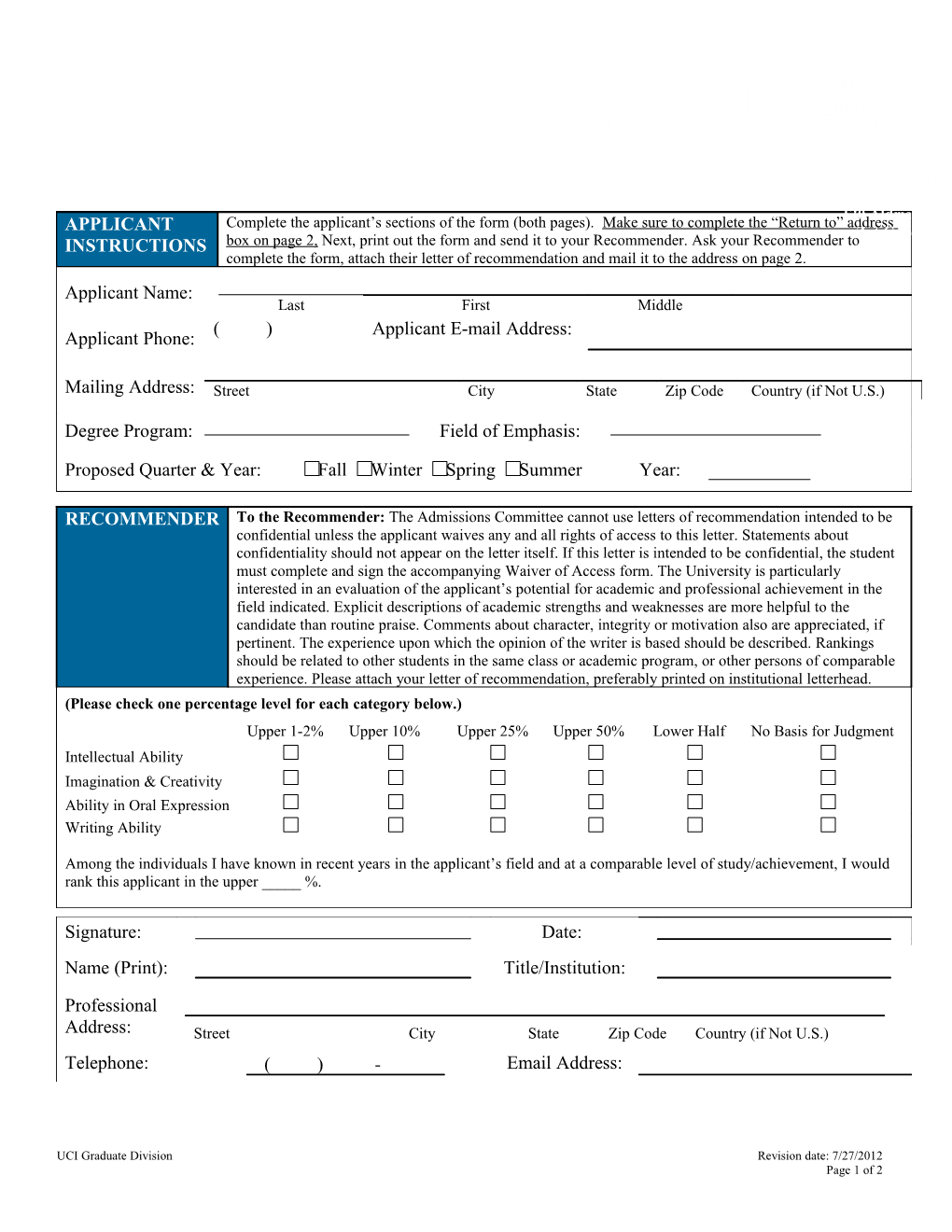 UCI Graduate Divisionrevision Date: 7/27/2012