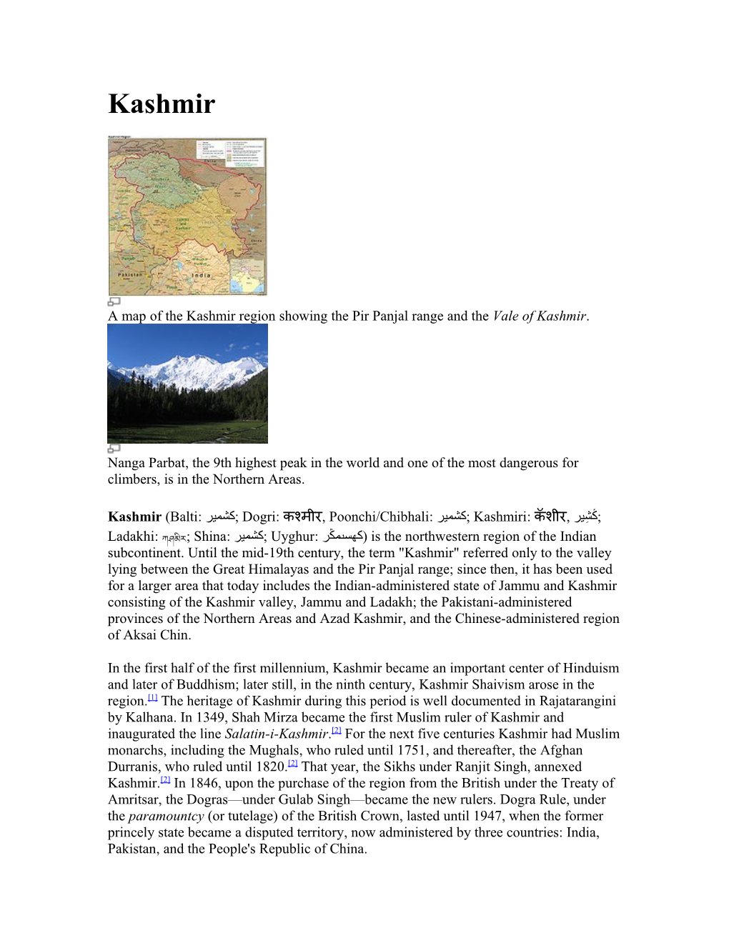 A Map of the Kashmir Region Showing the Pir Panjal Range and the Vale of Kashmir