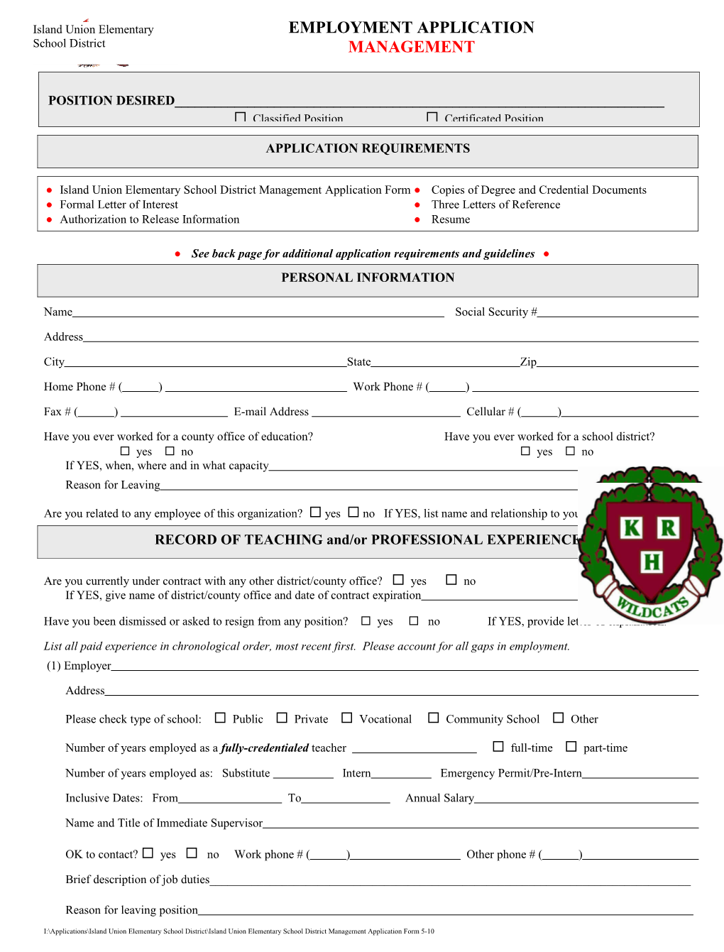 Certificated Employment Application