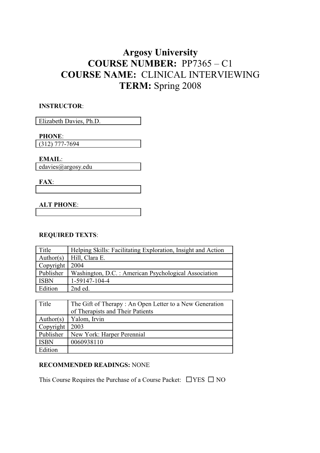 Course Name: Clinical Interviewing