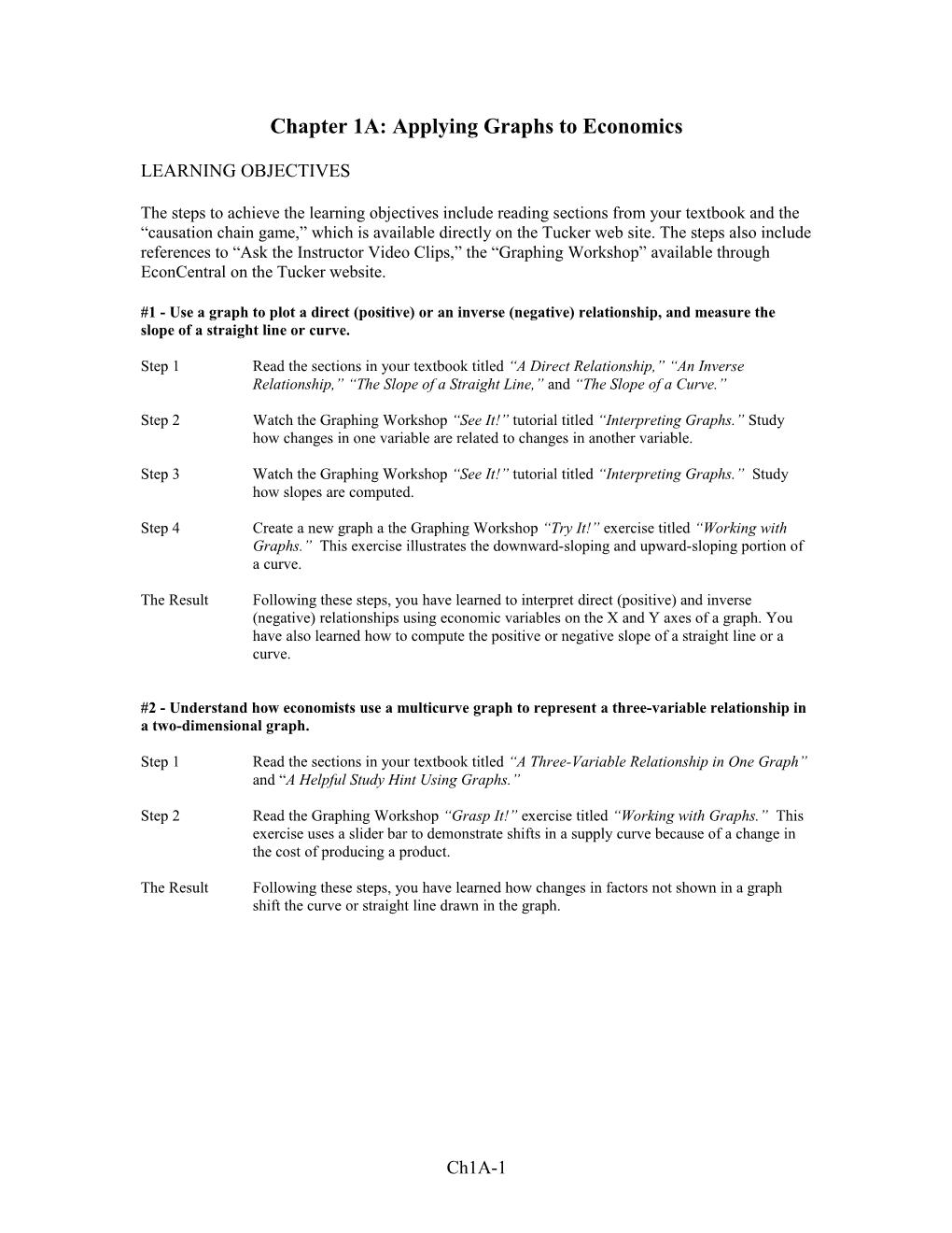 Chapter 1A: Applying Graphs to Economics