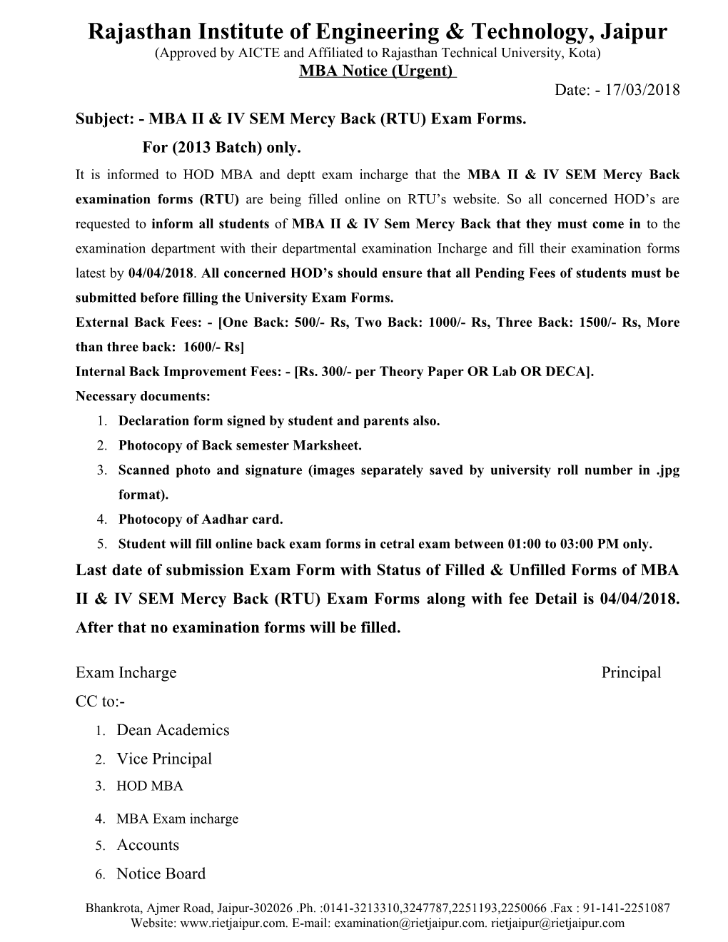 Subject: - MBA II & IV SEM Mercy Back (RTU) Exam Forms
