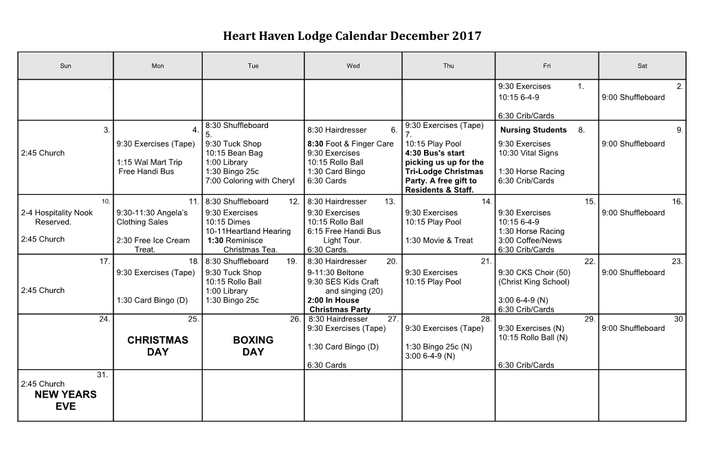 Heart Haven Lodge Calendar December 2017