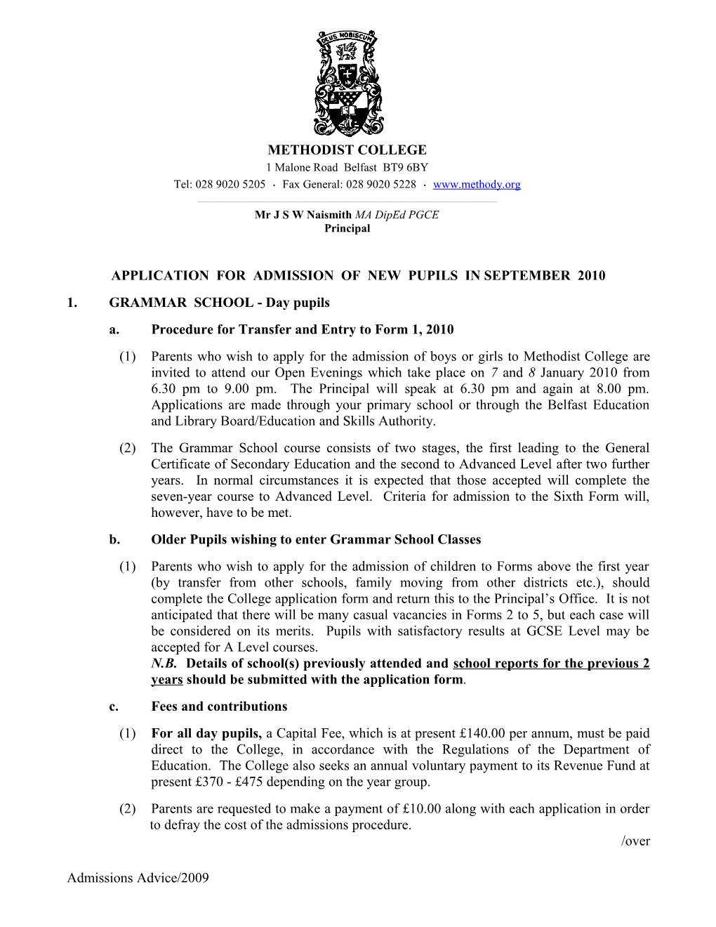 Application for Admission of New Pupils in Seotember D2001