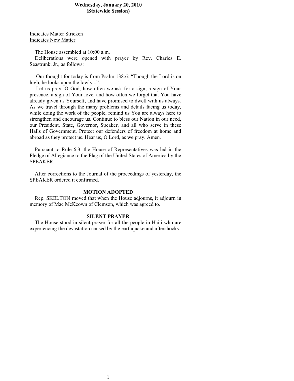 House Journal for Jan. 20, 2010 - South Carolina Legislature Online