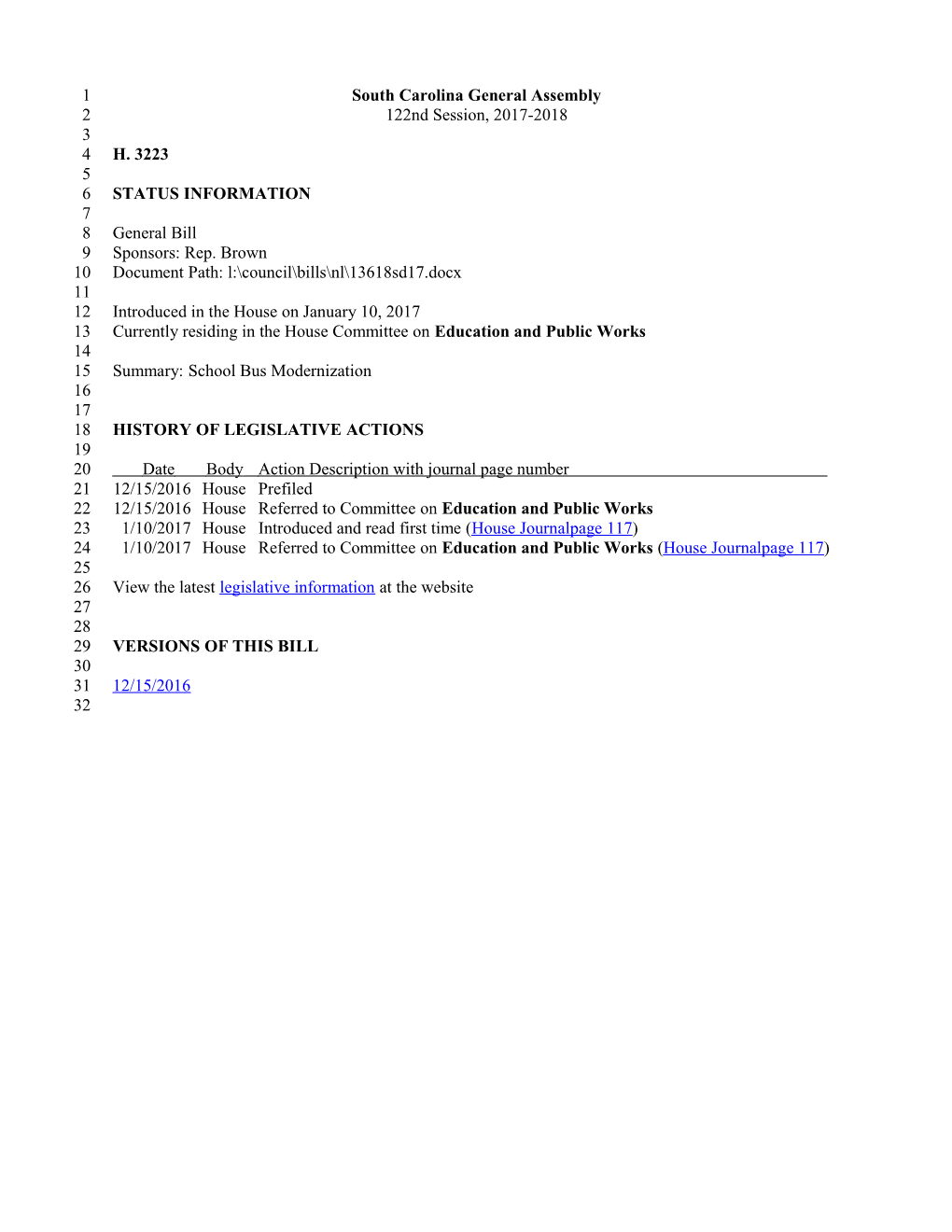 2017-2018 Bill 3223: School Bus Modernization - South Carolina Legislature Online