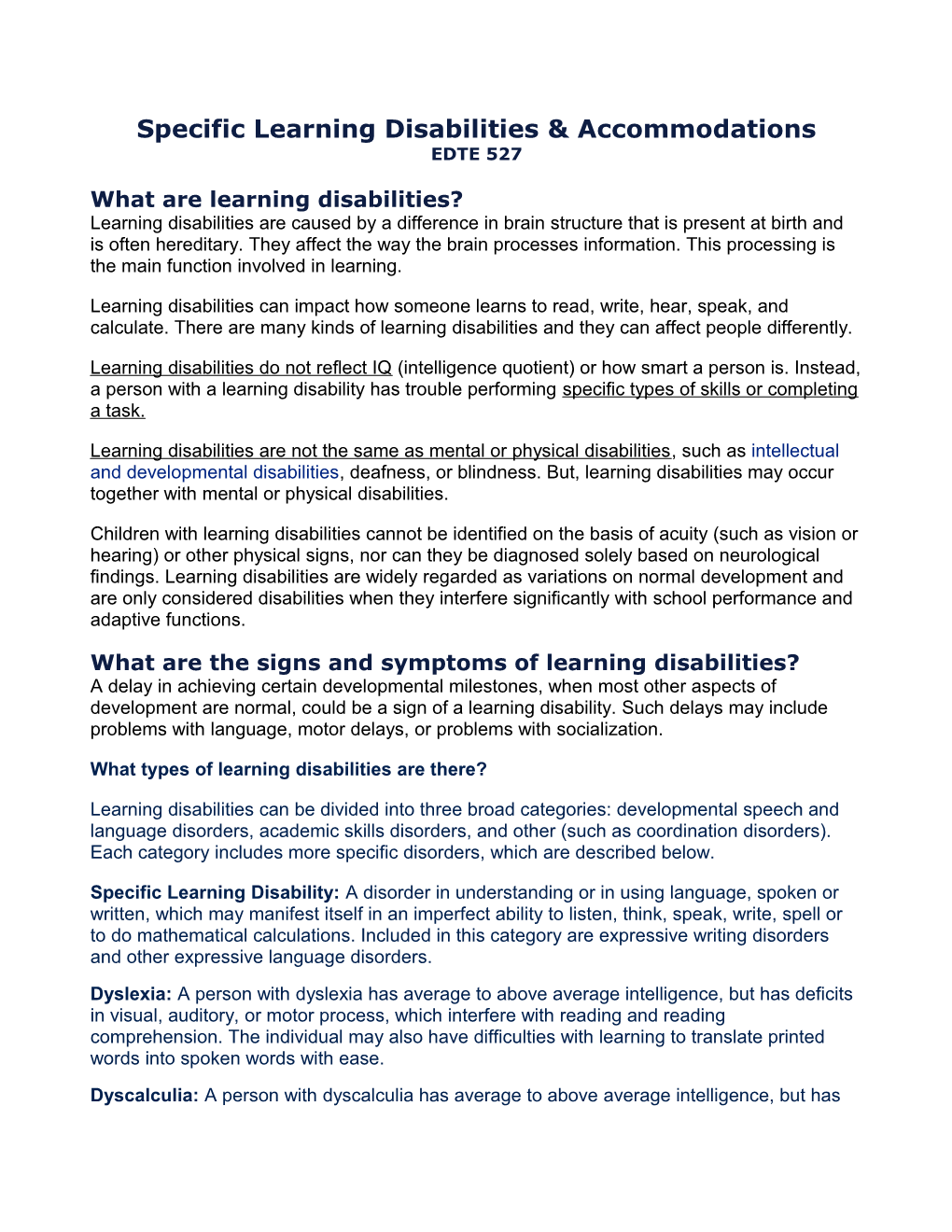 Specific Learning Disabilities & Accommodations