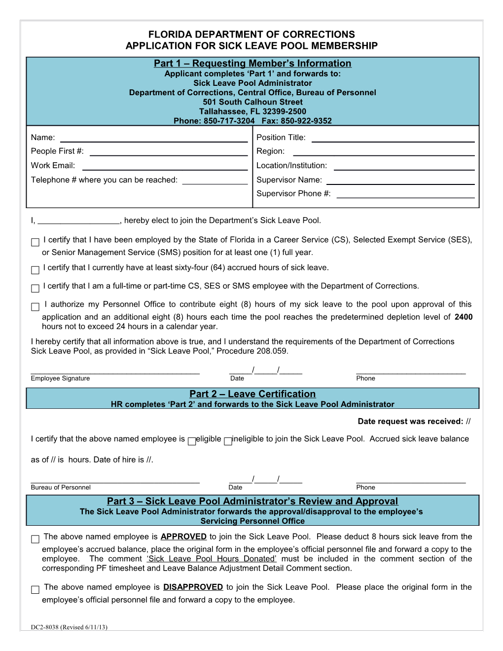 DC2-8038 Application for Sick Leave Pool Membership (Revised 6/11/13)