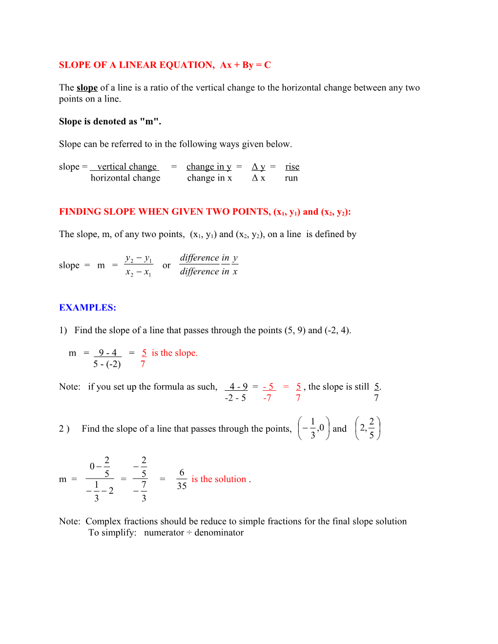 SLOPE of a LINEAR EQUATION, Ax + by = C