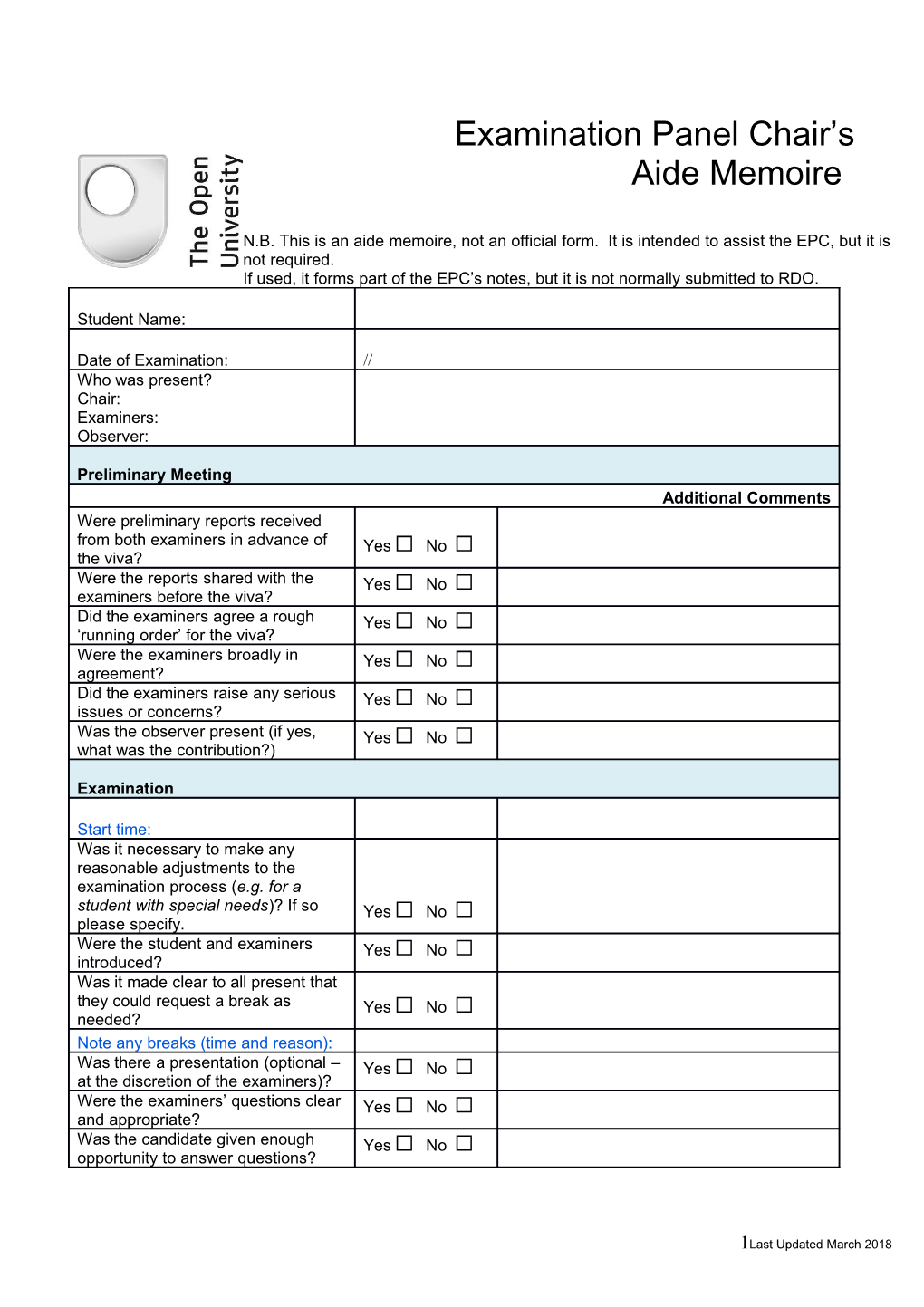 Examination Panel Chair S Aide Memoire