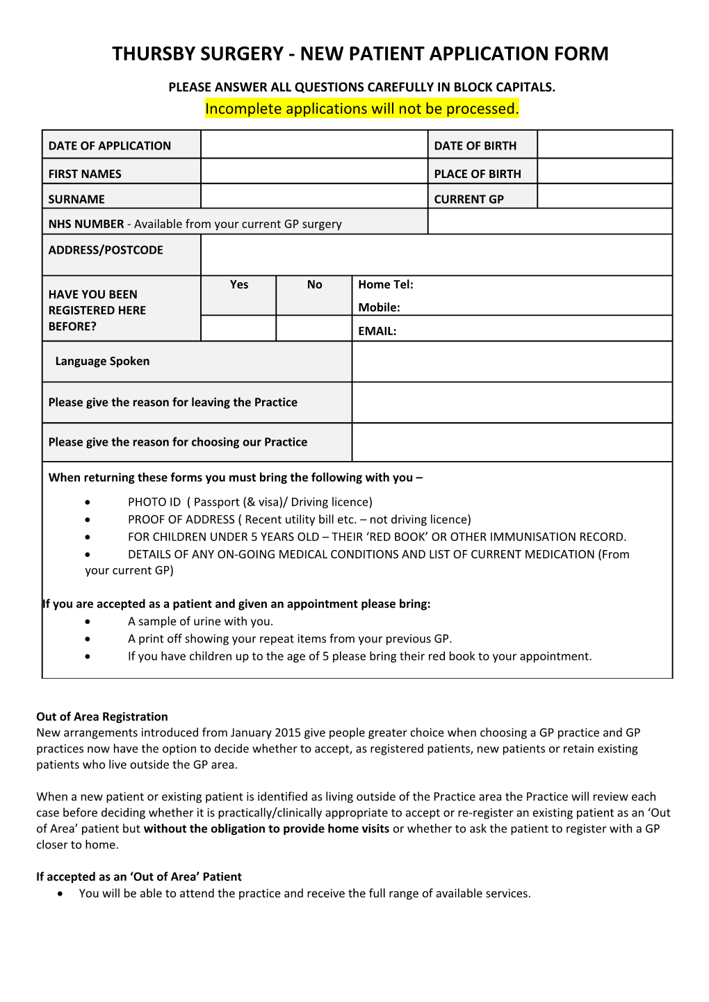 Thursby Surgery - New Patient Application Form