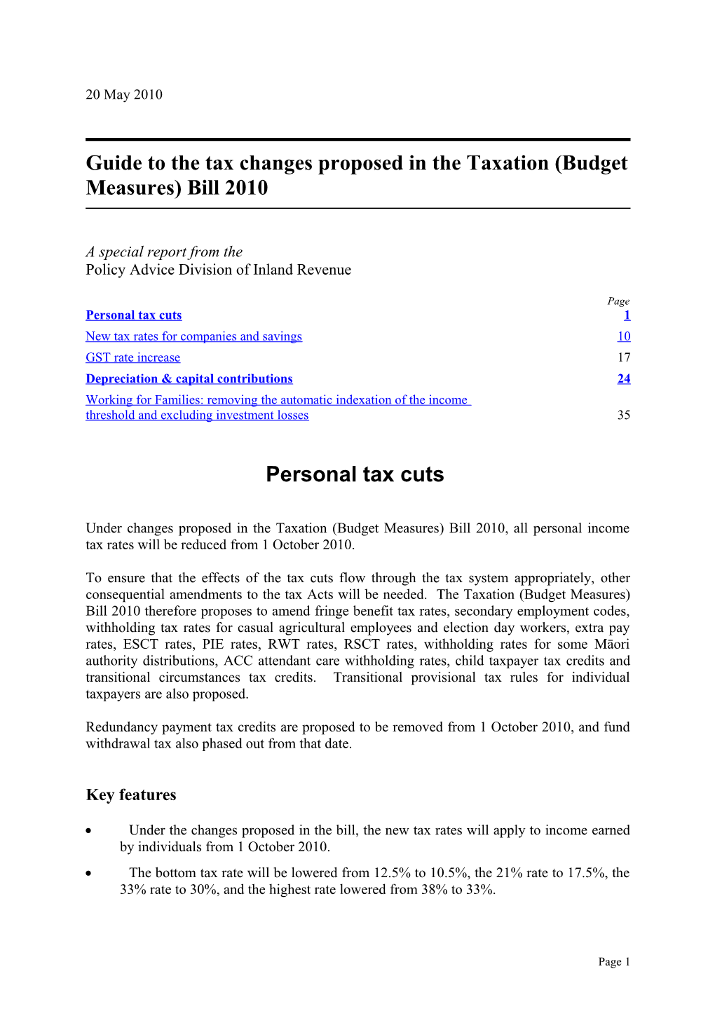 Special Report: Guide to the Tax Changes Proposed in the Taxation (Budget Measures) Bill 2010